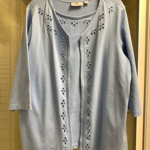 Quacker Factory Plus 1X Light Blue Faux Twin Set Top Embellished - GUC